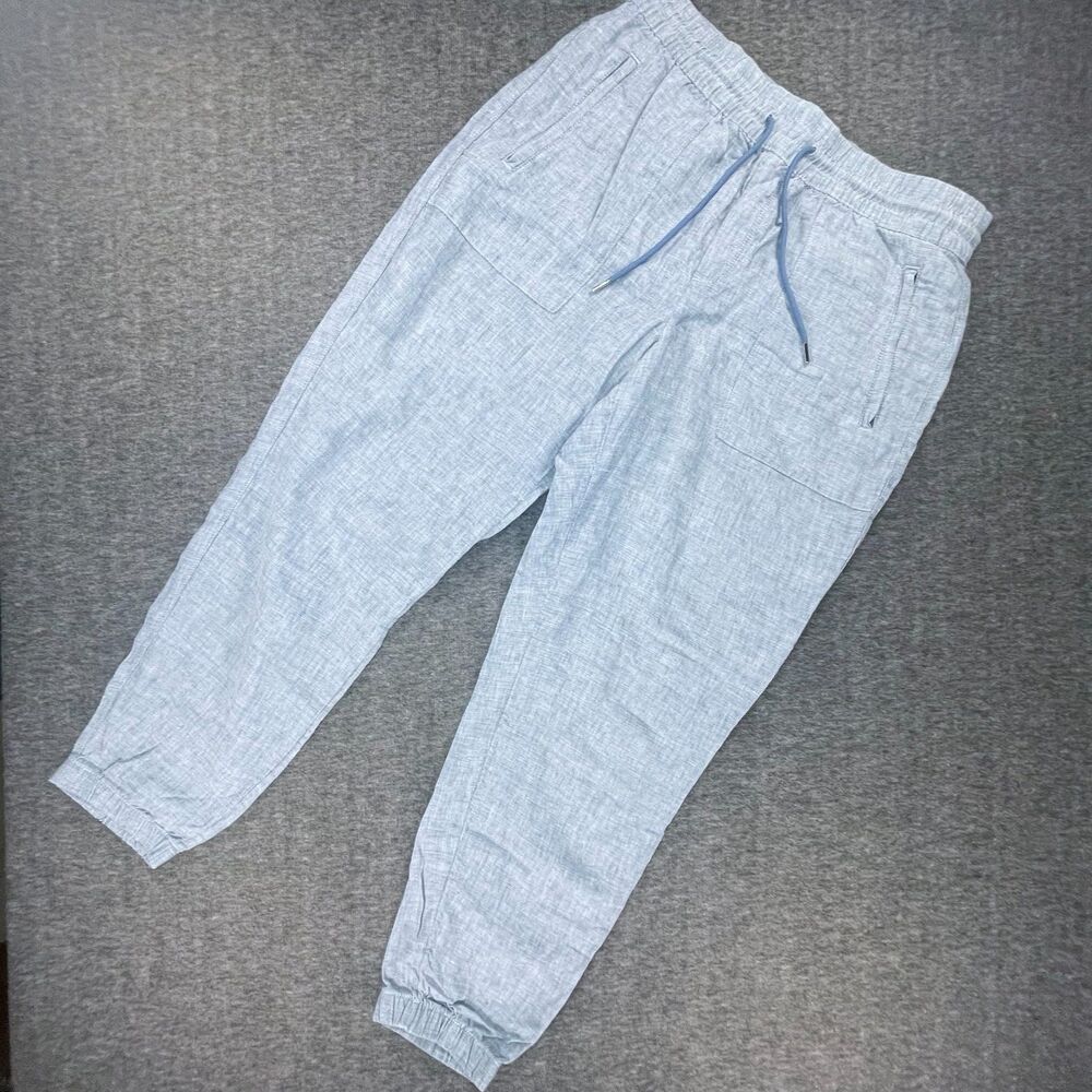 Athleta Cabo Linen Jogger Pants 10 Blue Drawstring Beach Coastal Resort Vacay‎